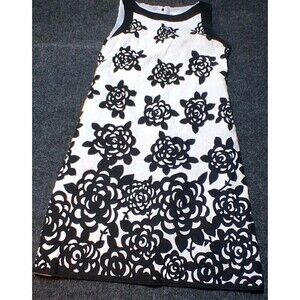 Women’s Black White Floral Shift Dress Sleeveless Lined Cotton Stretch Size 8